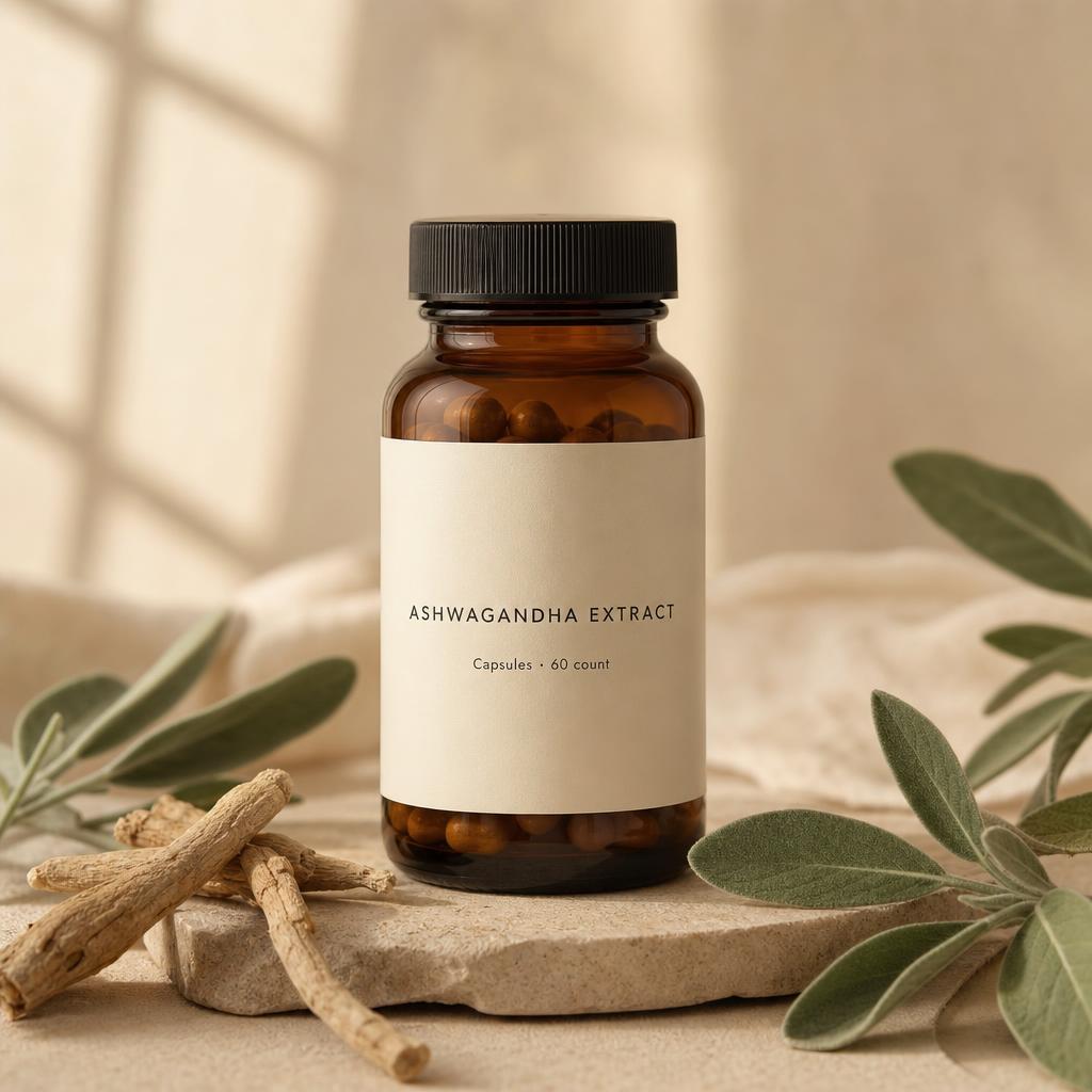 Sample packaging mockup — amber glass bottle with blank label beside dried ashwagandha root and sage leaves.