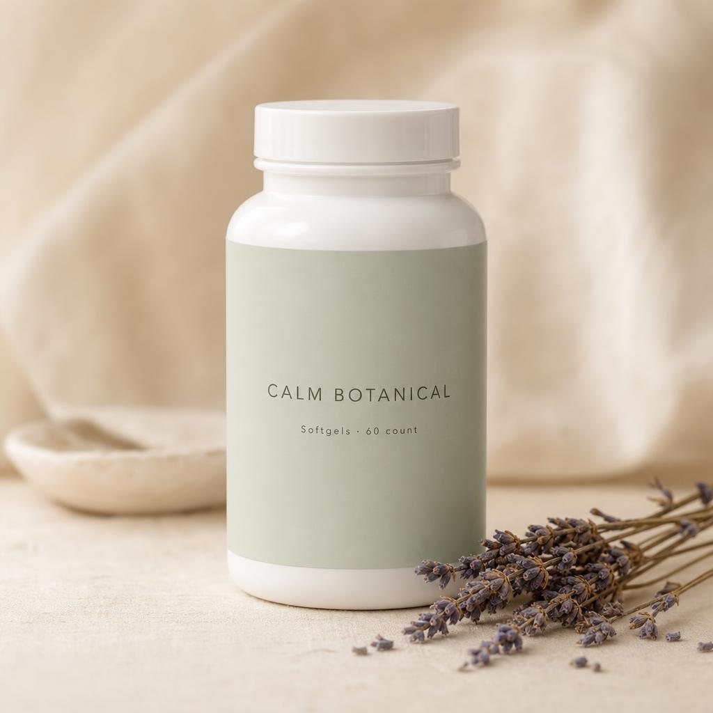 Sample packaging mockup — white HDPE softgel bottle with a small sprig of dried lavender.