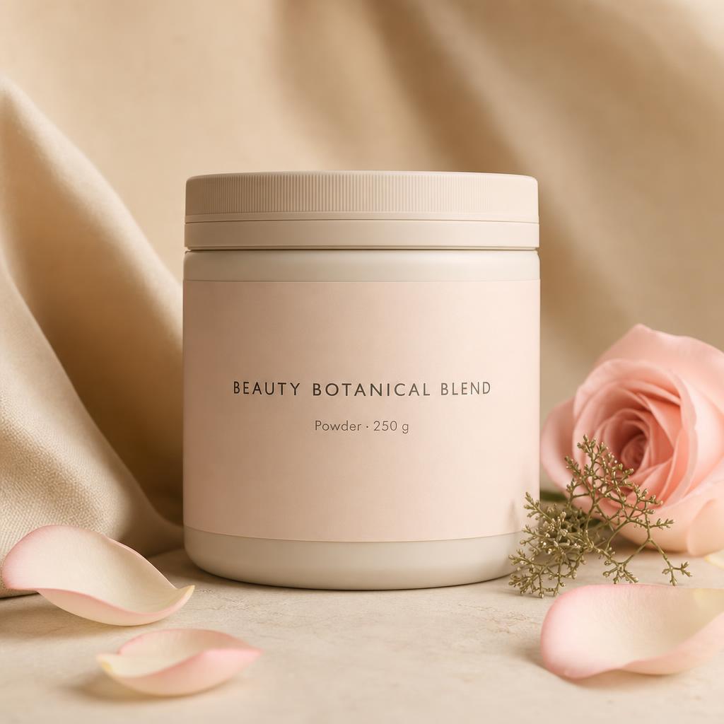 Sample packaging mockup — matte PET tub with blank blush label surrounded by pink rose petals.