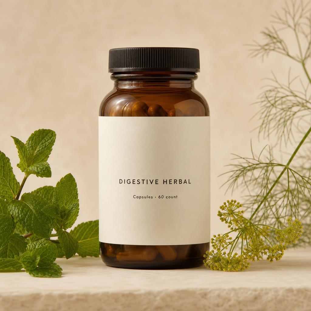 Sample packaging mockup — amber bottle with blank cream label beside fresh mint and fennel sprigs.