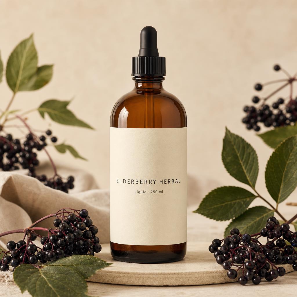 Sample packaging mockup — amber dropper bottle with blank label surrounded by elderberries and leaves.