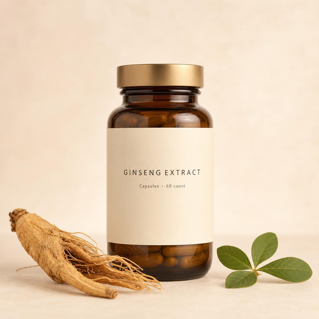 Sample packaging mockup — amber capsule bottle beside a piece of dried ginseng root and a green leaf.