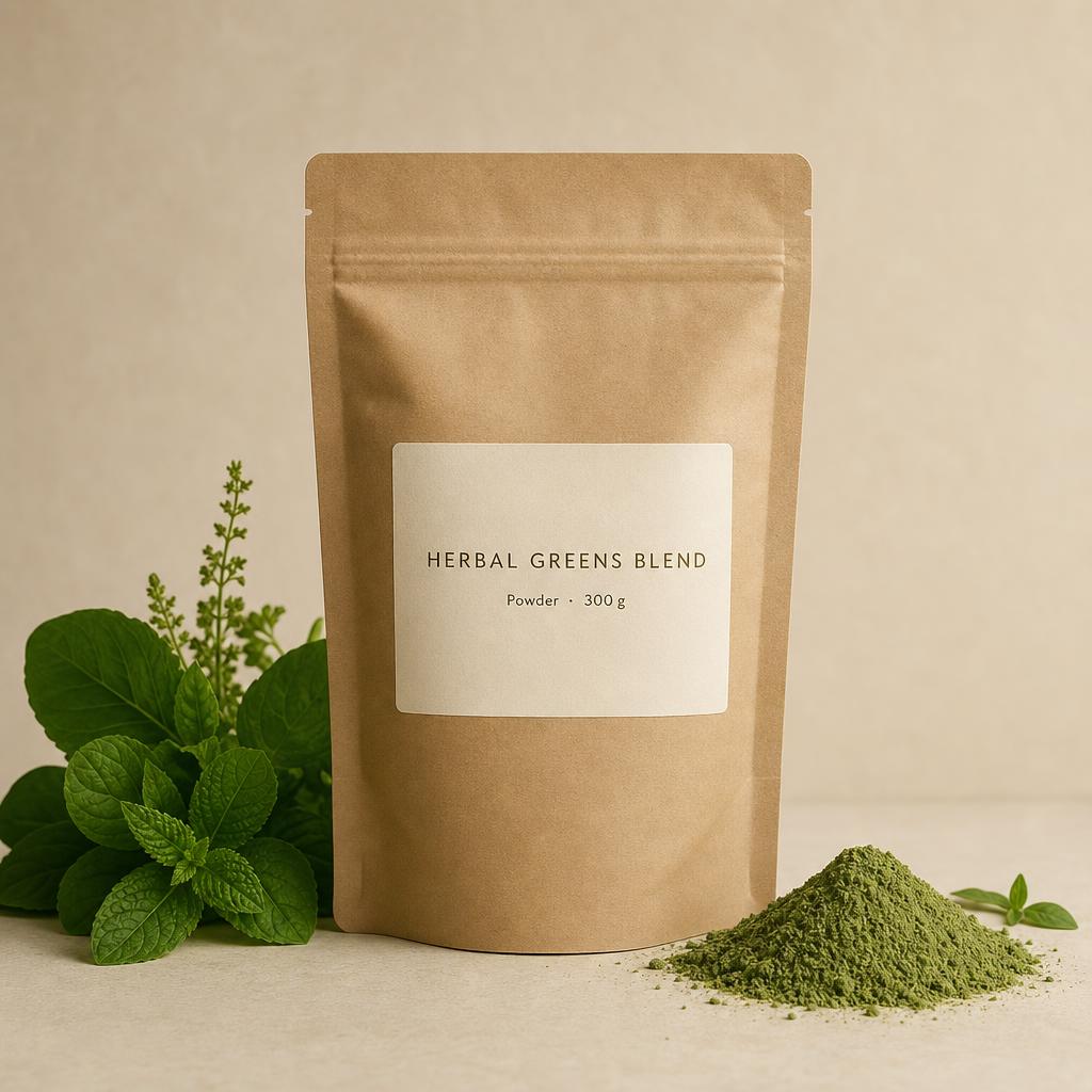 Sample packaging mockup — kraft stand-up pouch with blank label beside green herbal powder and leaves.