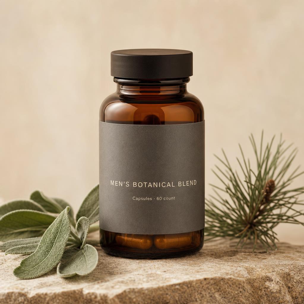 Sample packaging mockup — amber bottle with blank stone-grey label beside sage and pine sprigs.