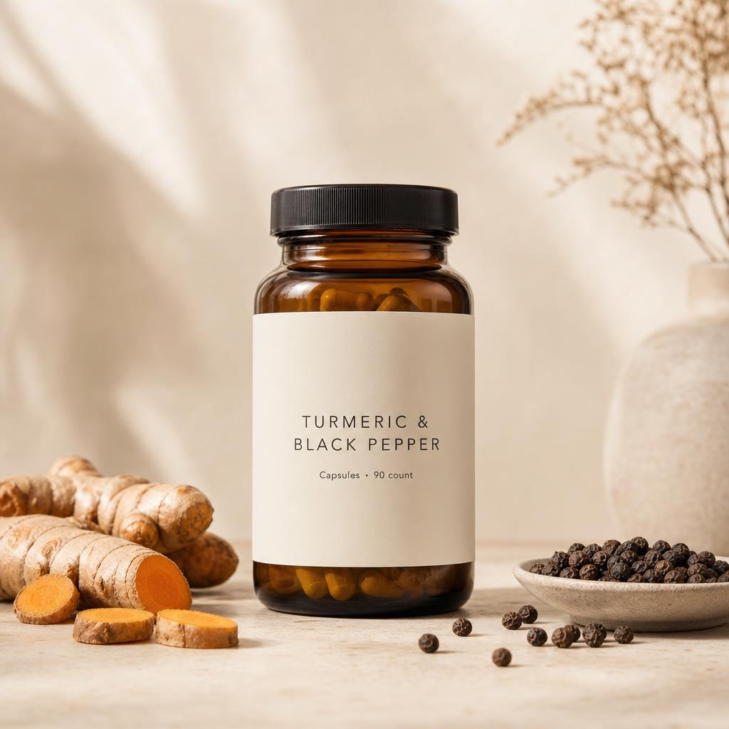 Sample packaging mockup — amber bottle with blank ivory label, turmeric root and black peppercorns.
