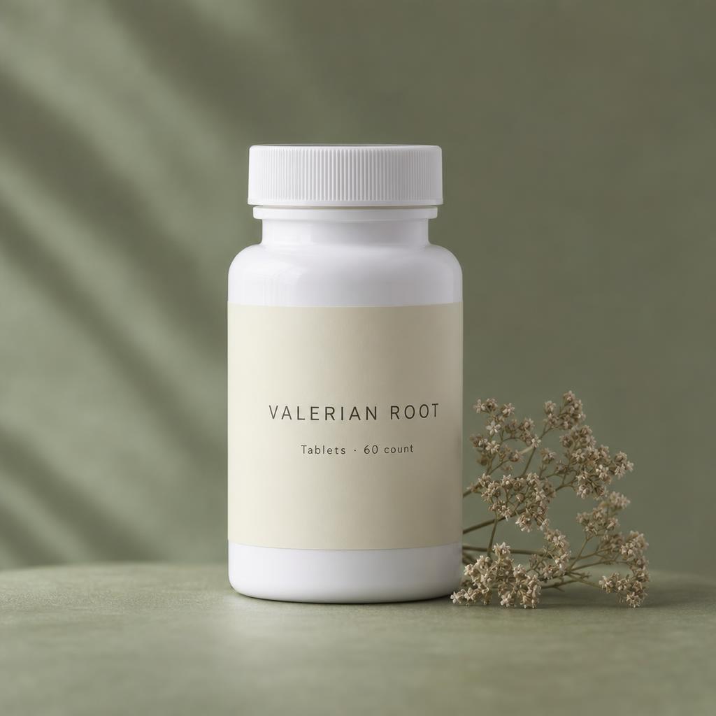 Sample packaging mockup — white HDPE tablet bottle with a sprig of dried valerian on a sage background.