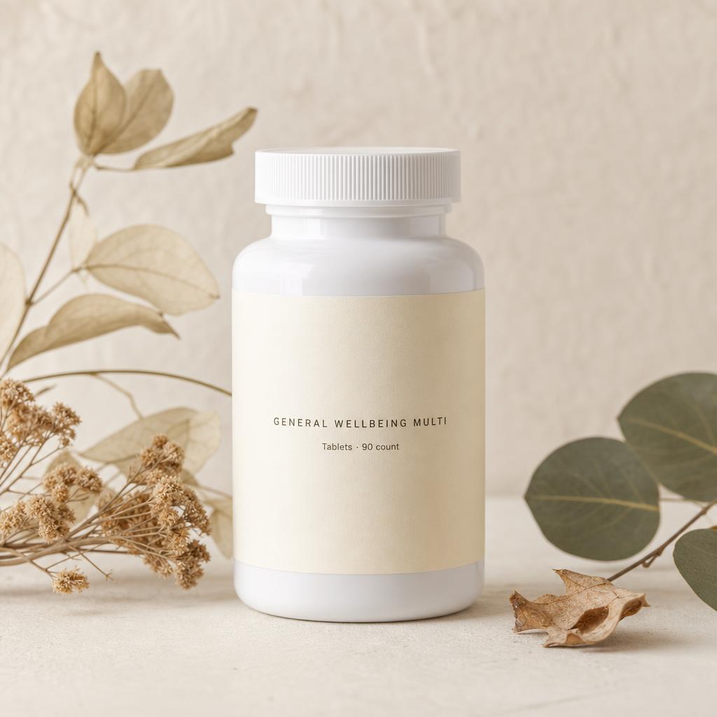 Sample packaging mockup — white HDPE tablet bottle with blank cream label beside dried botanical stems.