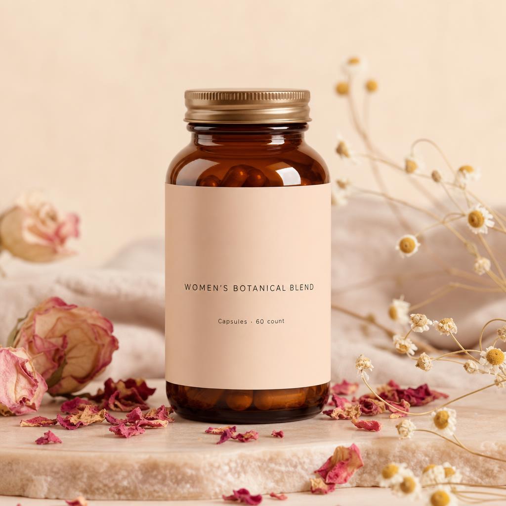 Sample packaging mockup — amber bottle with blank blush label among dried rose petals and chamomile.